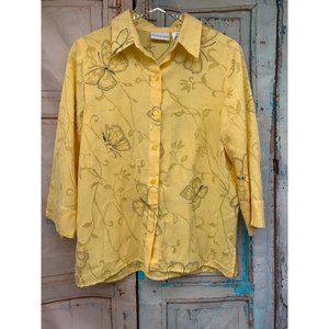 Alfred Dunner Womans Size 10 Yellow Butterfly Button Down Shirt